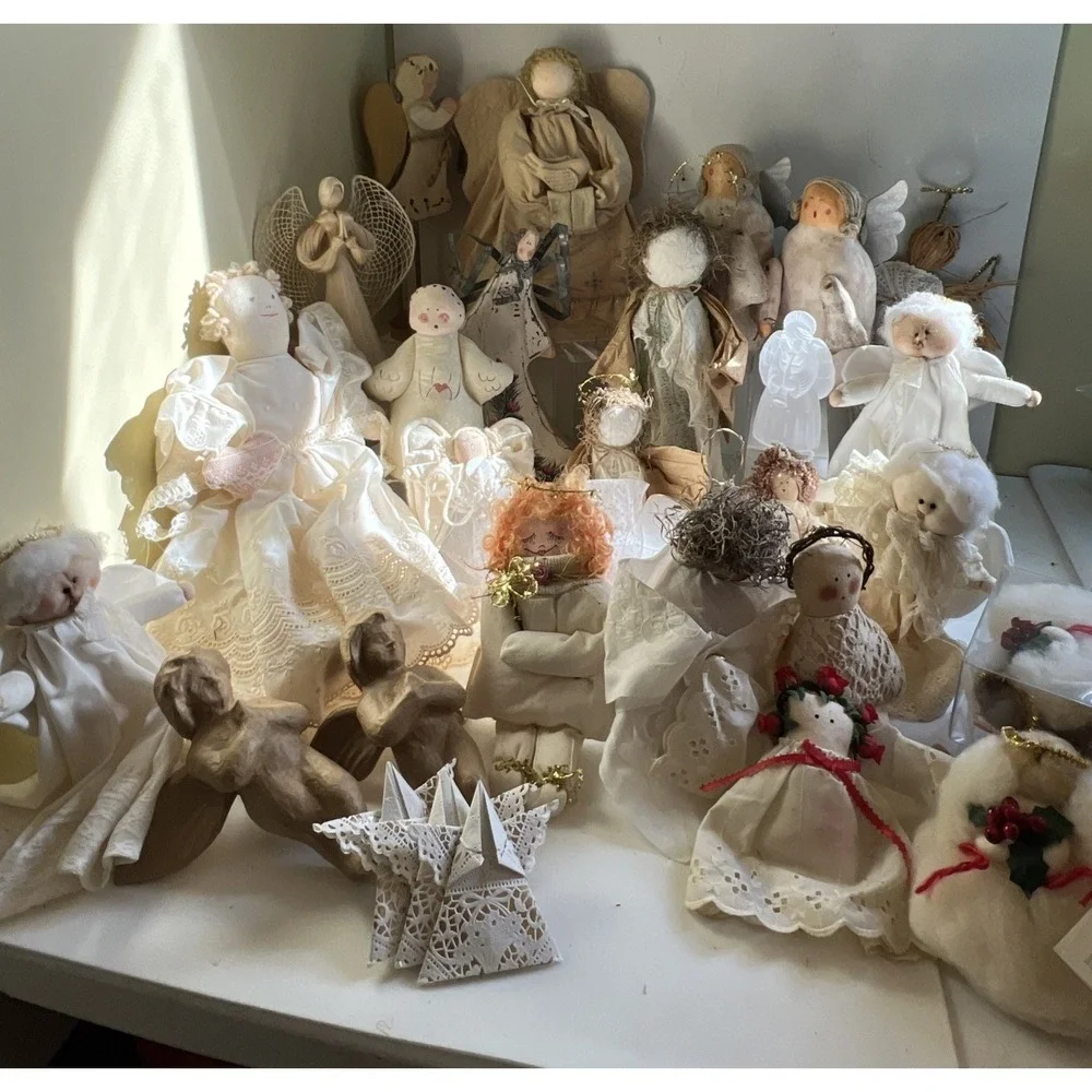 Vintage Primitive Angel Collection Lot Christmas Decor Folk Art Cloth Wood Straw